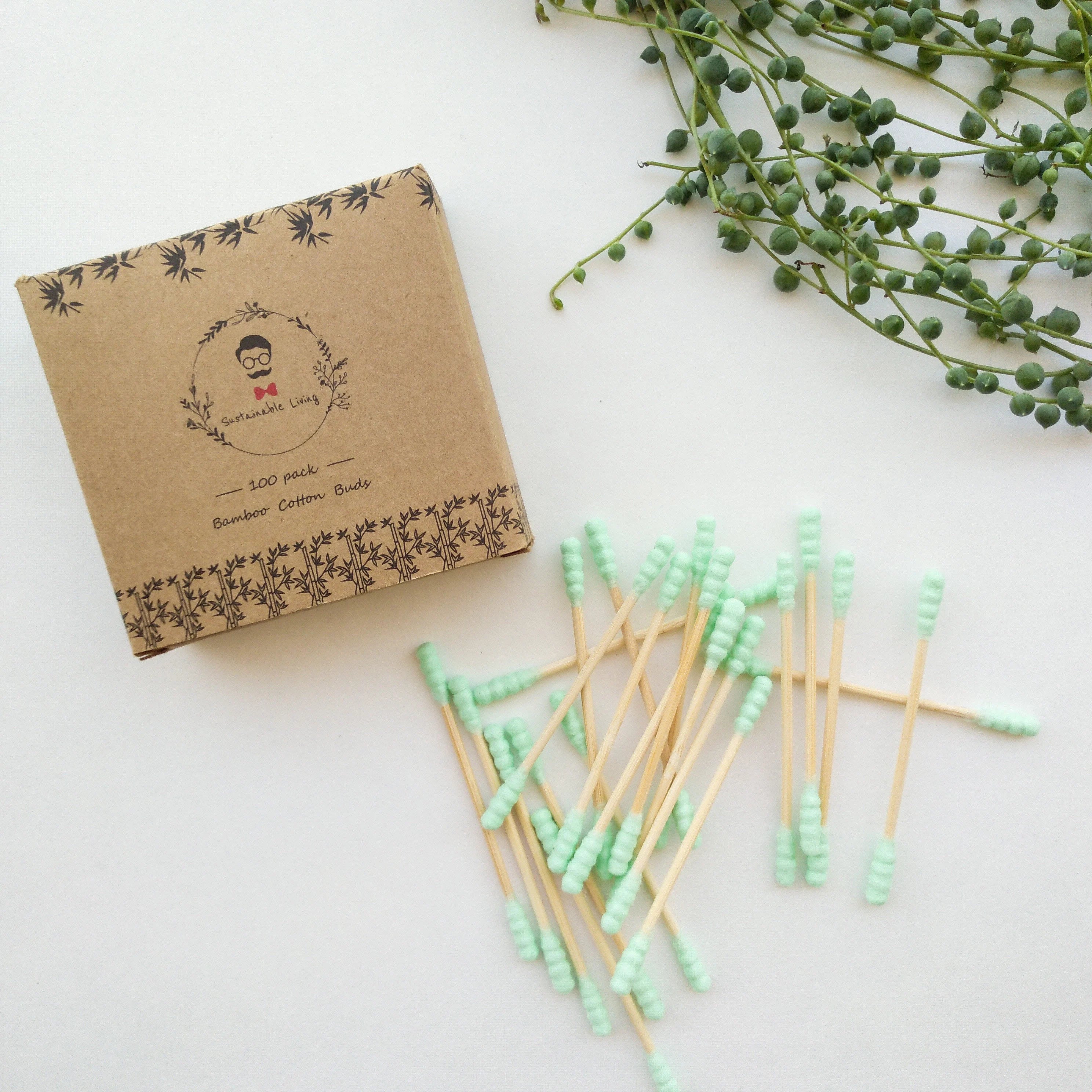 オーガニック生分解性竹綿棒 - プラスチックフリー、ゼロウェイスト、天然竹Q-tips - 環境に優しいサステナブルな綿棒 - 100本入り