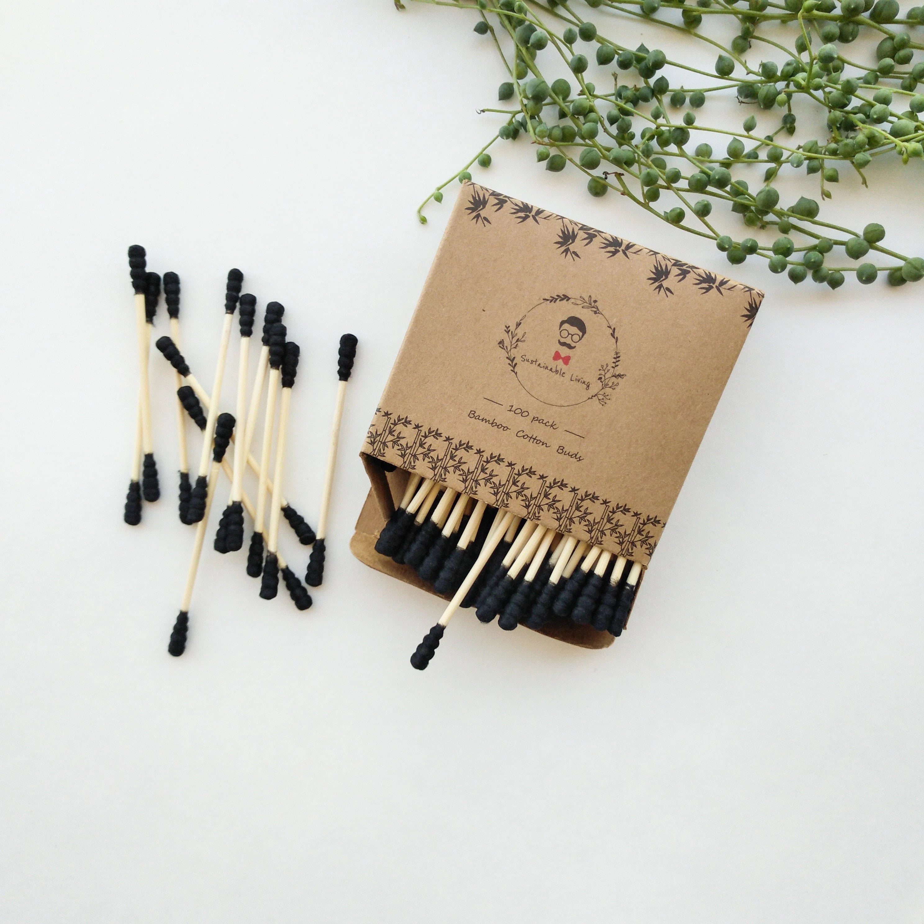 オーガニック生分解性竹綿棒 - プラスチックフリー、ゼロウェイスト、天然竹Q-tips - 環境に優しいサステナブルな綿棒 - 100本入り