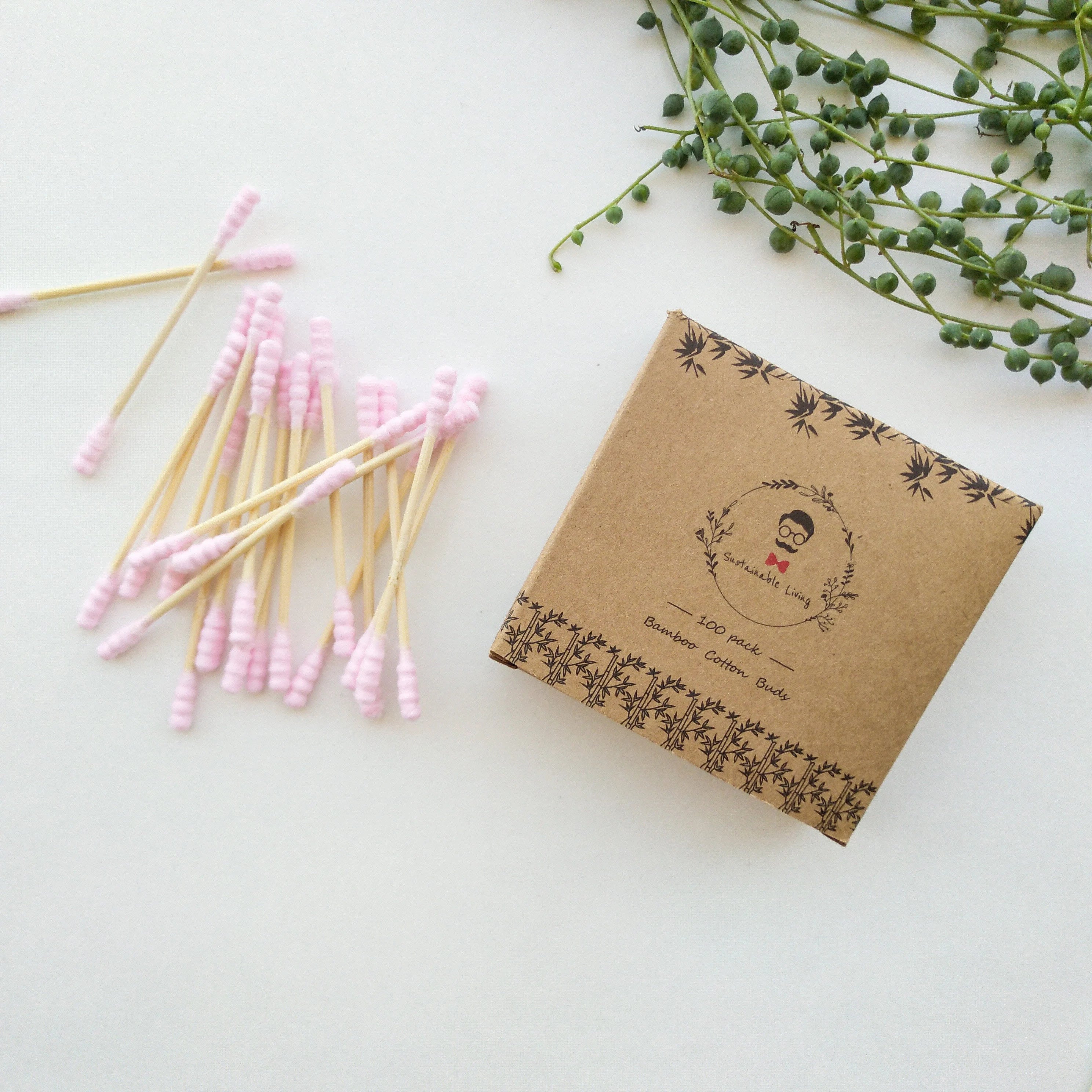 オーガニック生分解性竹綿棒 - プラスチックフリー、ゼロウェイスト、天然竹Q-tips - 環境に優しいサステナブルな綿棒 - 100本入り